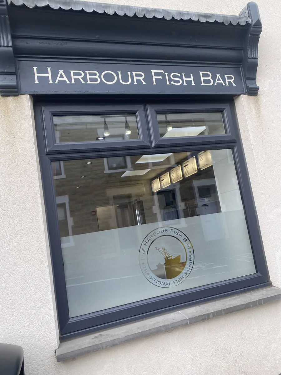 Etched-effect window graphic for Harbour Fish Bar